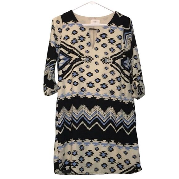 Everly Aztec/tribal print dress, size small, tab sleeves, lined, blue/black/tan - Picture 1 of 6